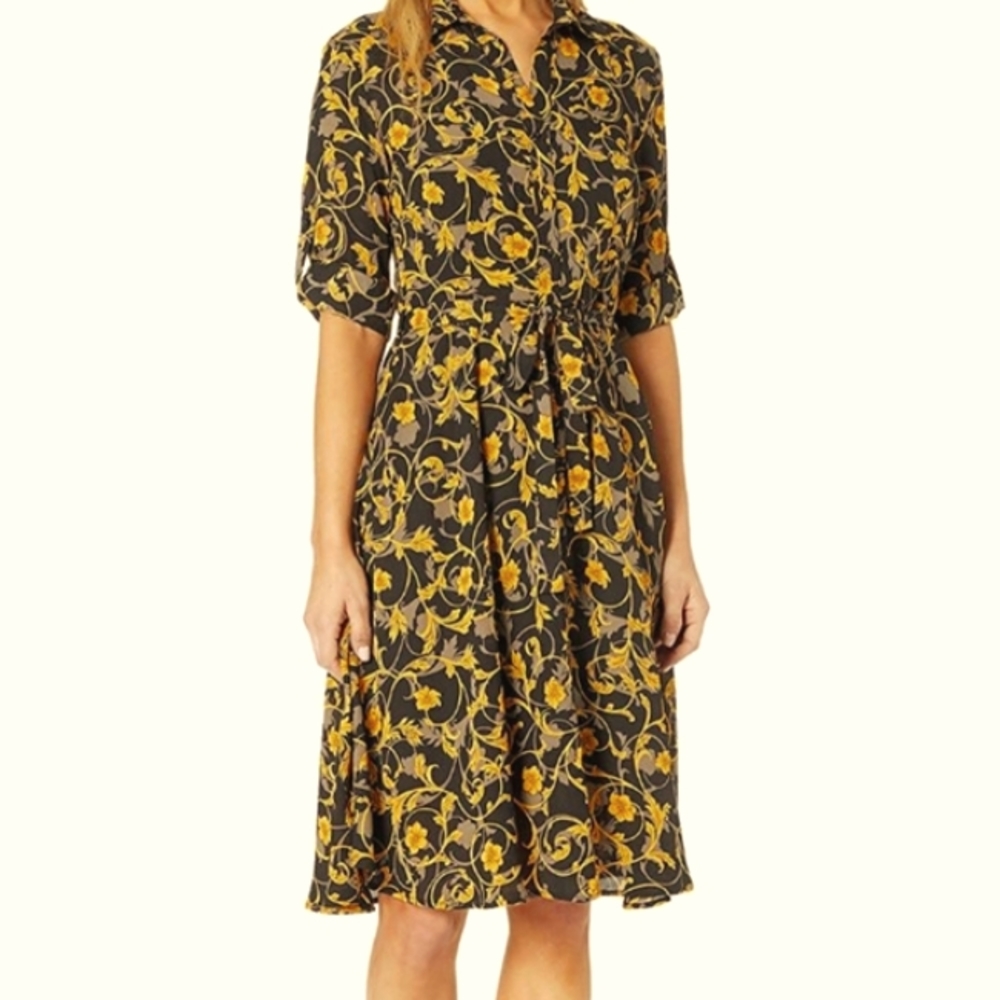 Long Sleeve FloralPrint Pin tuck Shiftdress Black Yellow Nanette Lepore - Picture 5 of 12